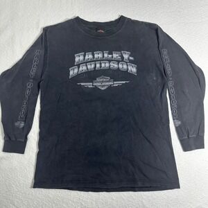 Vintage Harley Davidson Y2K Faded Black Long Sleeve Graphic Print‎ Biker Sz L